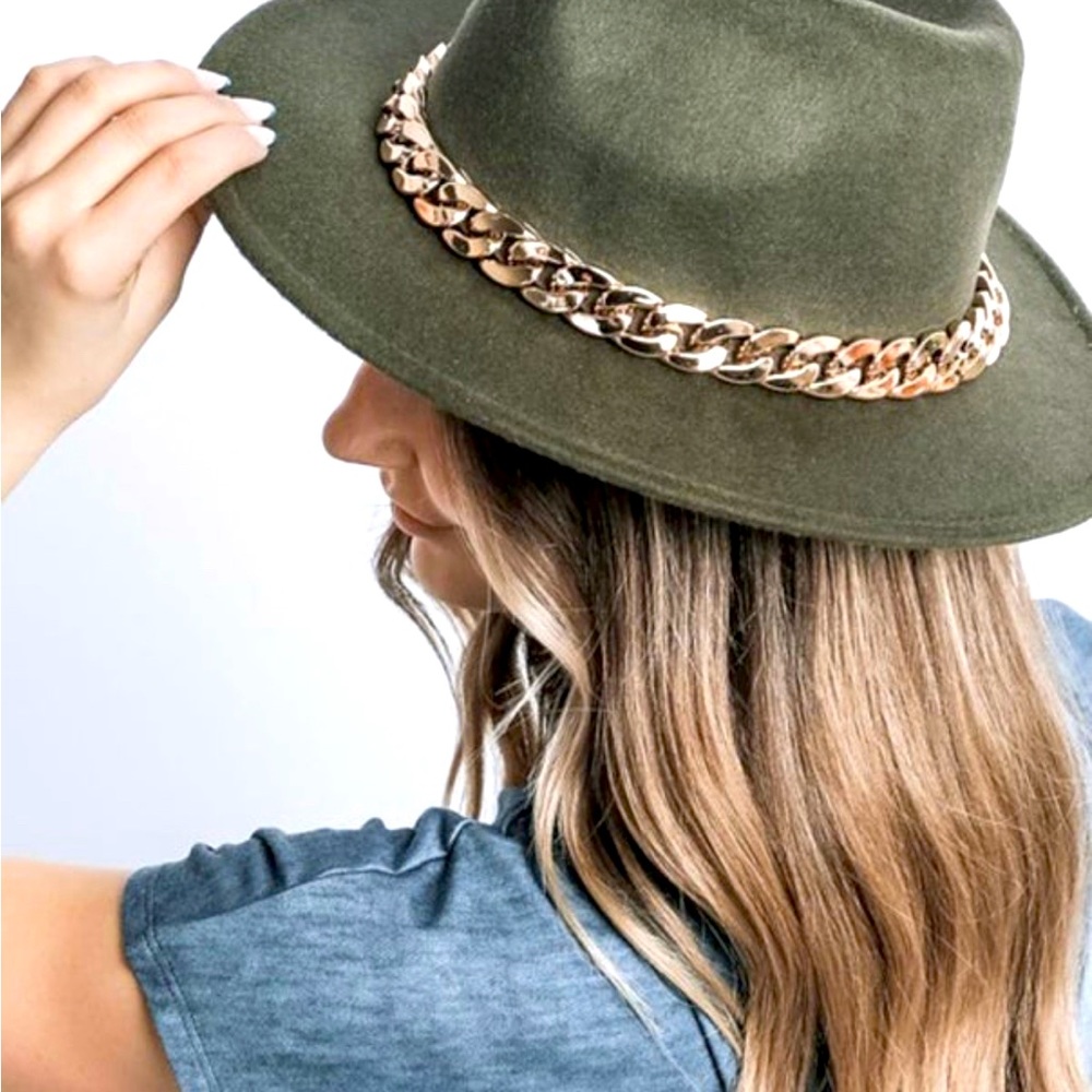 Women Fedora Hat Olive has gold Chain